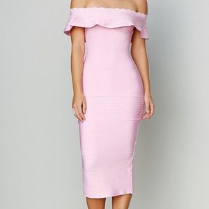 Off Shoulder Ruffle Pink Bandage Dress